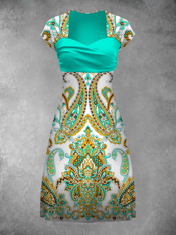 Retro Bohemian Style Art Print Elegant Chic Short-Sleeved Temperament Dress