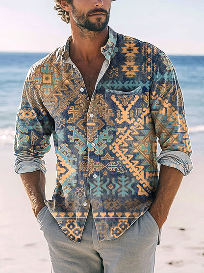 Men's Retro Ethnic Geometric Line Print Casual Long Sleeve Shirt
