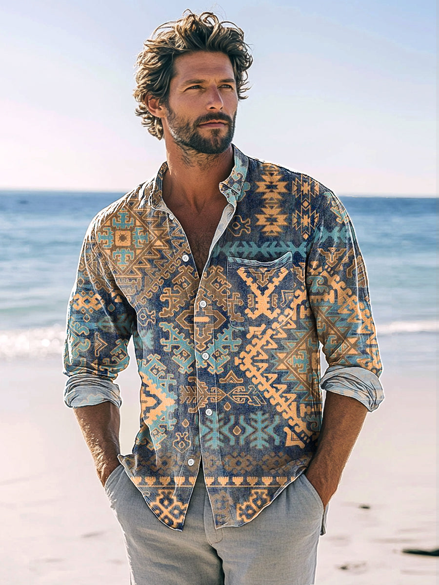 Men's Retro Ethnic Geometric Line Print Casual Long Sleeve Shirt