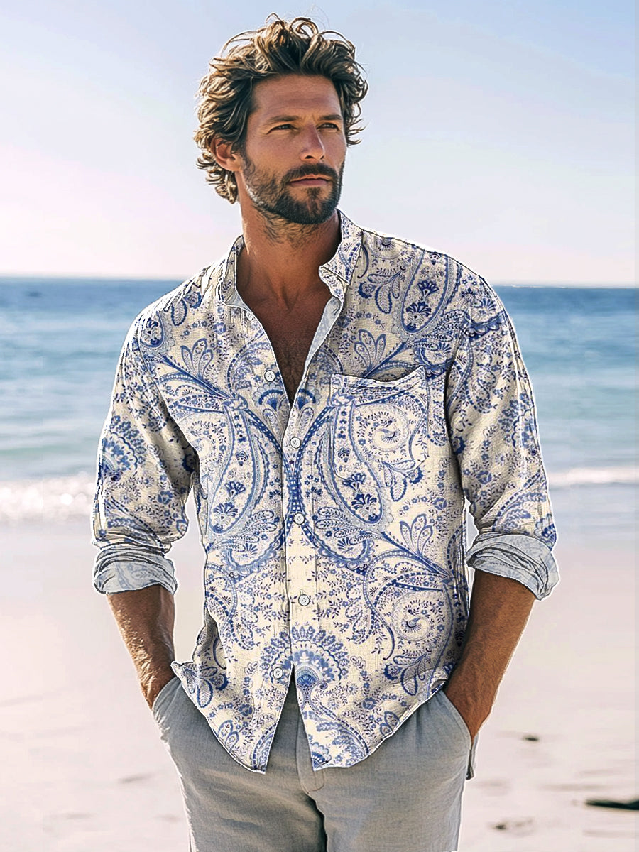 Men's Vintage Ethnic Paisley Print Casual Long Sleeve Shirt