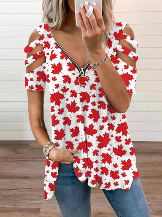 Women's Canadian Maple Leaf Print Casual Zipper V-Neck Off-Shoulder Top