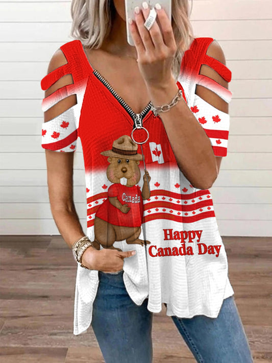 Women's Happy Canada Day Canadian Beaver Print Casual Zipper V-Neck Off-Shoulder Top