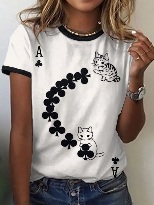 Women's Cats Playing Cards Inspired Print Vintage T-Shirt