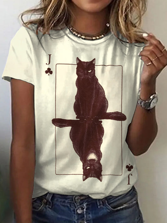 Women's Cats Playing Cards Inspired Print Vintage T-Shirt
