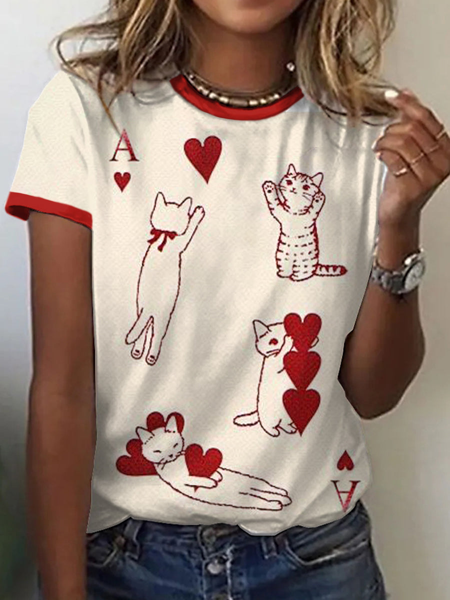 Women's Cats Playing Cards Inspired Print Vintage T-Shirt