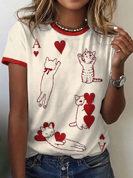 Women's Cats Playing Cards Inspired Print Vintage T-Shirt