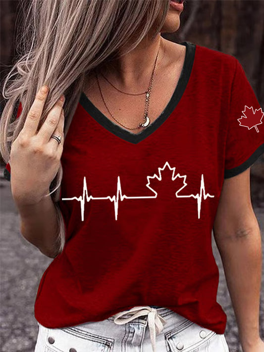 Women's Canadian Maple Leaf Print Casual V-Neck Tee