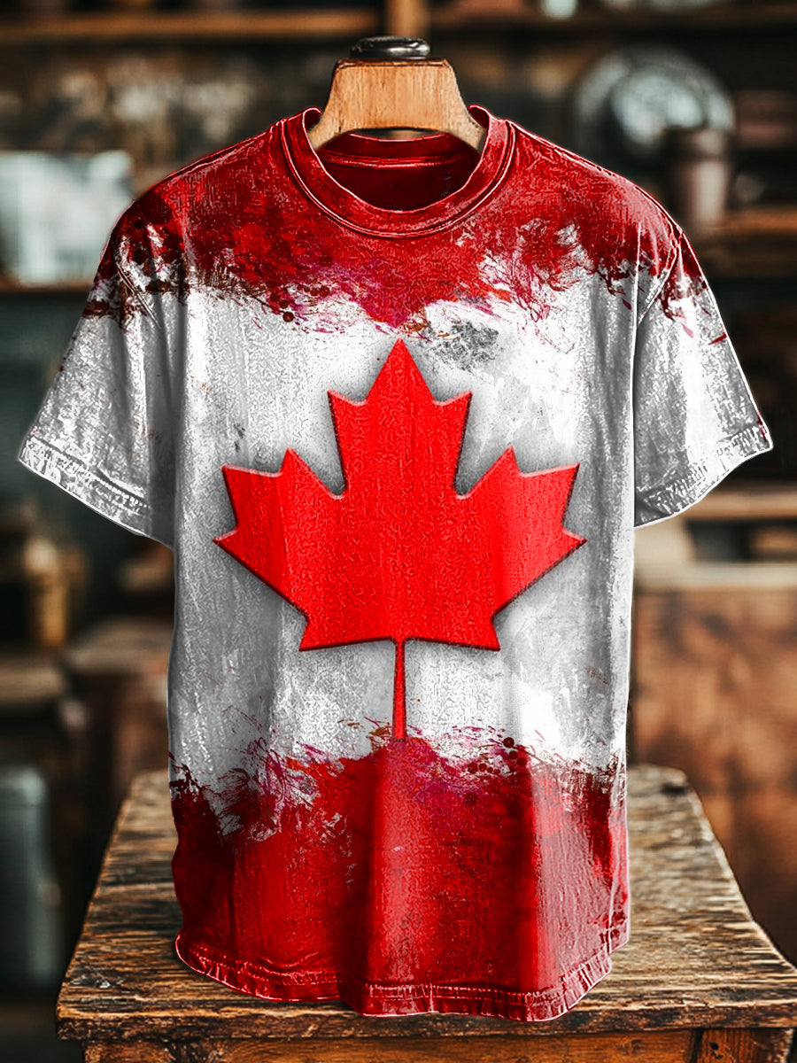 Unisex Vintage Independence Day Maple Leaf Print Casual Loose T-Shirt