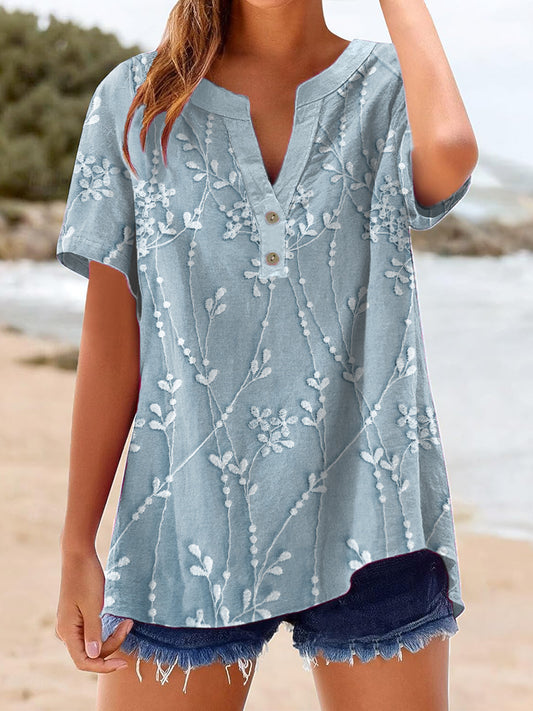 Women's Elegant Lace Floral Pattern Linen Shirt