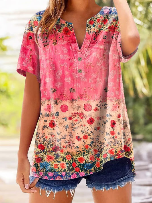Women's Vintage Floral Print Casual Short-Sleeve Shirt