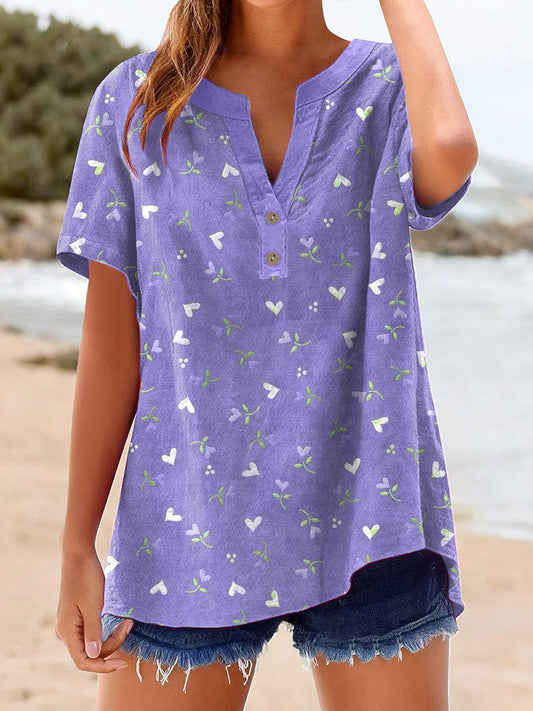 Women's Purple Heart Floral Print Linen Shirt