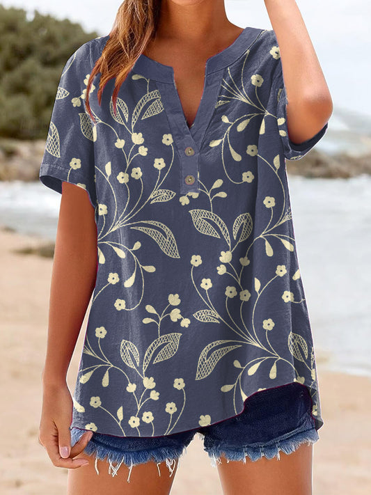 Women's Vintage Lace Floral Pattern Linen Shirt
