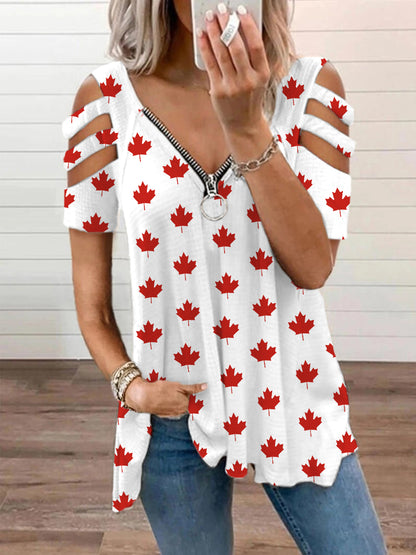 Women's Canadian Maple Leaf Print Casual V-Neck Zipper Top