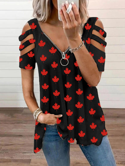 Women's Canadian Maple Leaf Print Casual V-Neck Zipper Top