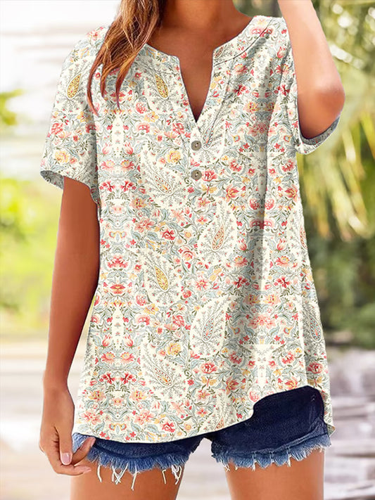 Women's Vintage Paisley Print Casual Short-Sleeve Shirt