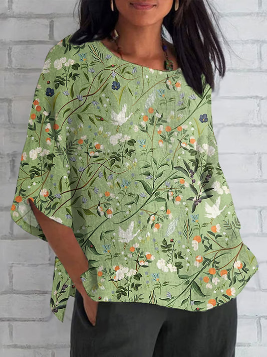 Women's Floral Cranes Print Casual Short-Sleeve Shirt