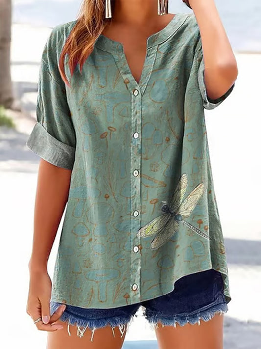 Women's Vintage Dragonfly Print Casual Half-Sleeve Shirt
