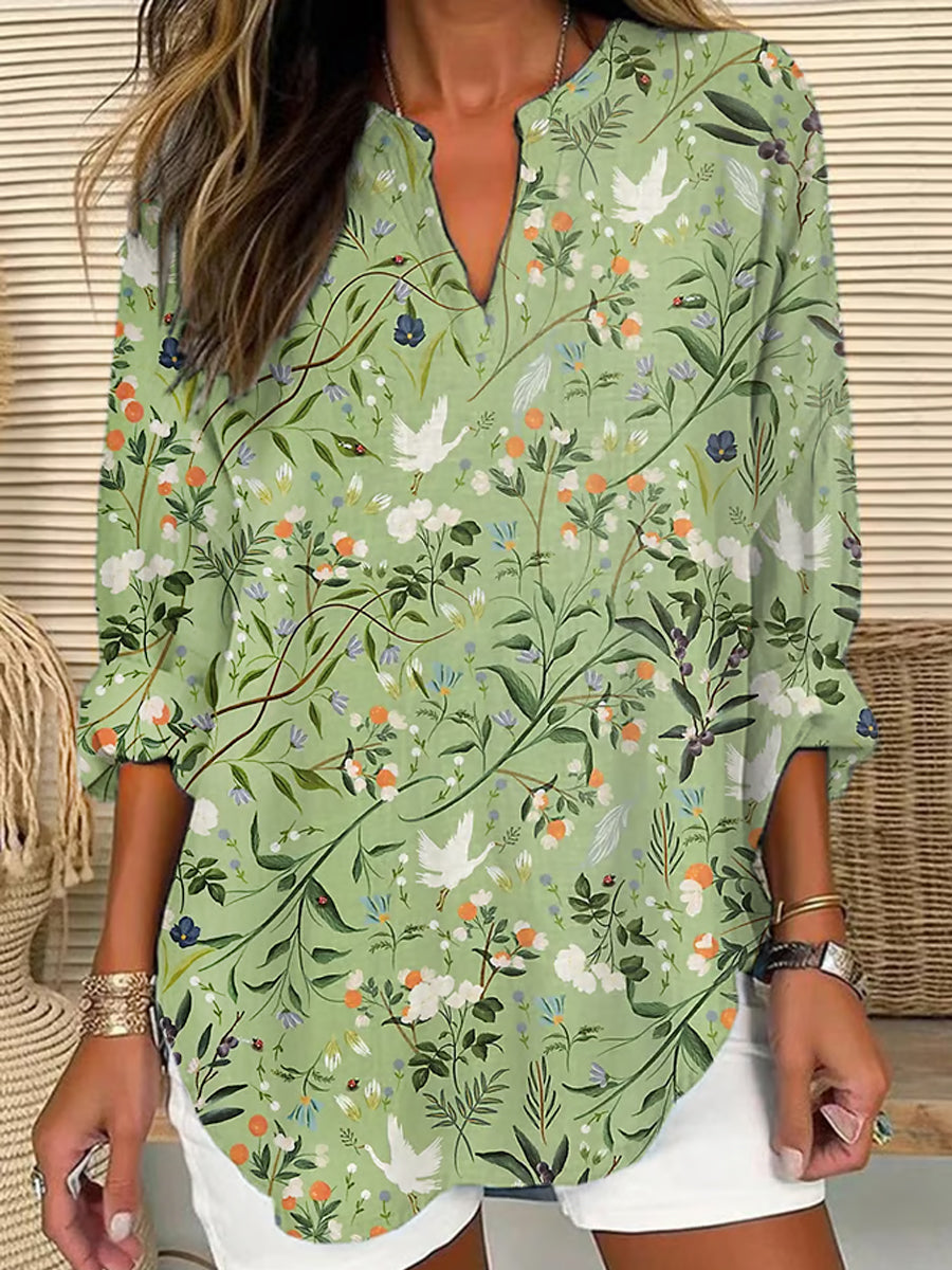 Women's Floral Cranes Print Casual Shirt