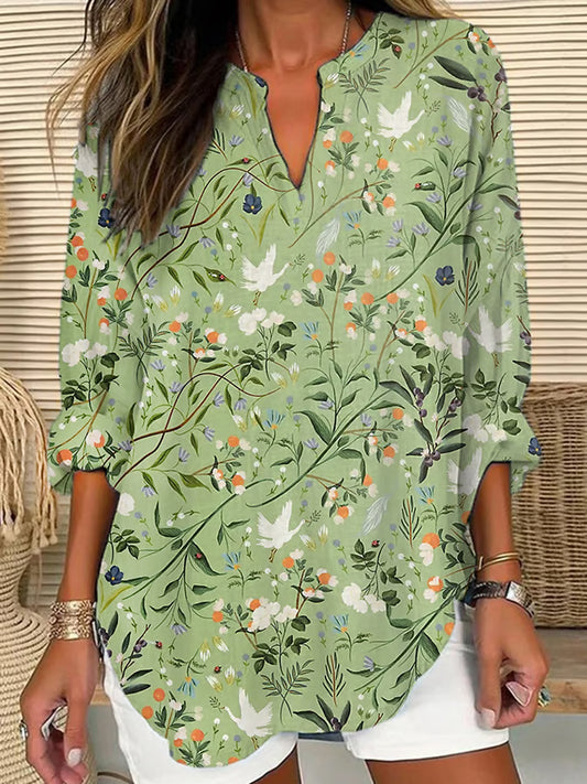 Women's Floral Cranes Print Casual Shirt