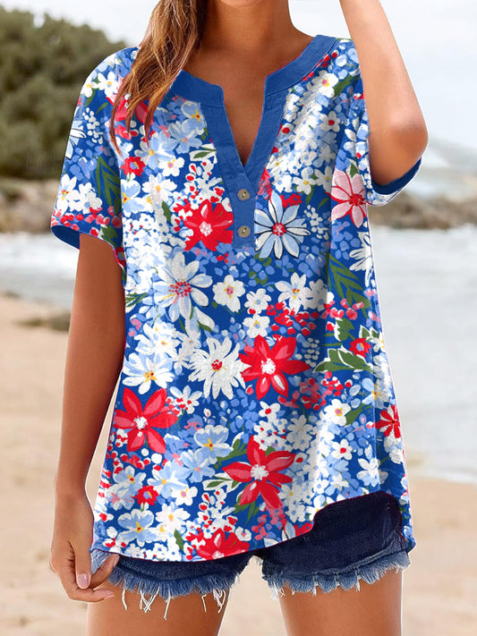 Women's Independence Day Inspired Floral Print Linen Shirt