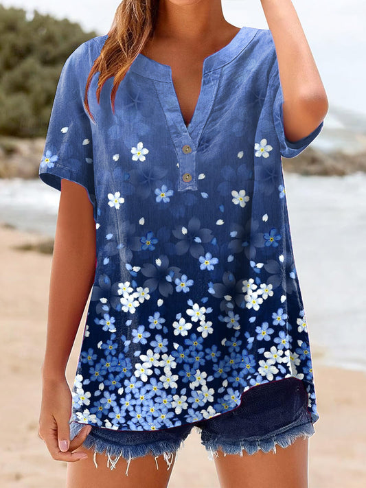 Women's Elegant Floral Art Print Linen Shirt