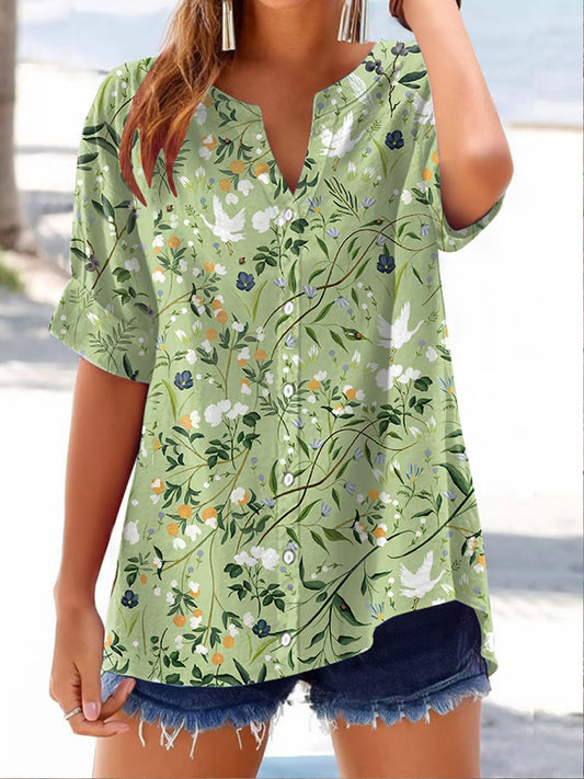 Women's Floral Cranes Print Casual Short-Sleeve Shirt