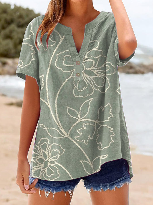 Women's Lace Floral Pattern Linen Short Sleeve Shirt