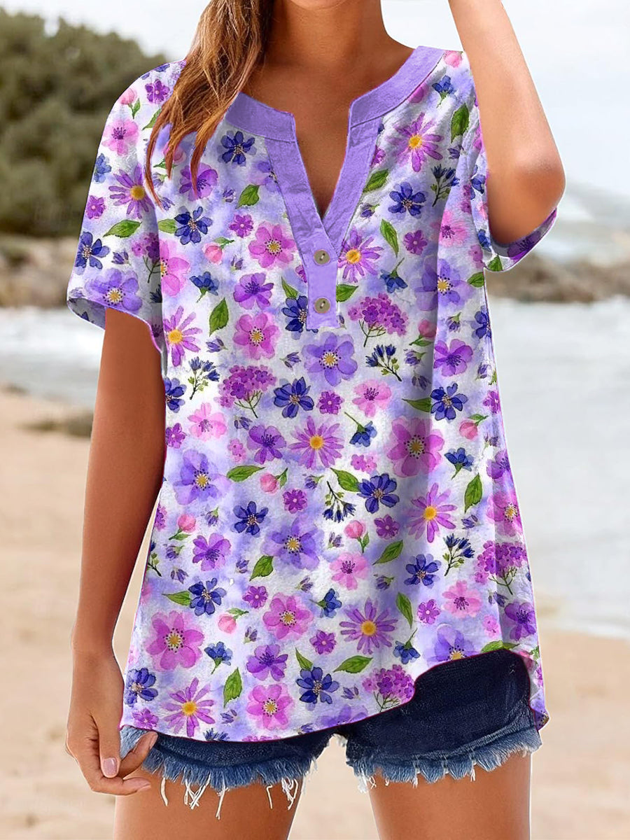 Women's Purple Floral Art Print Linen Shirt