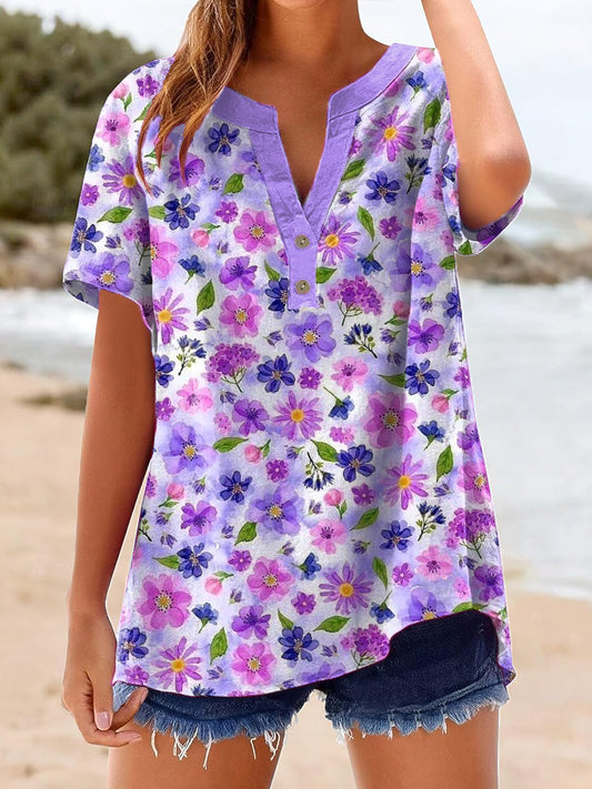 Women's Purple Floral Art Print Linen Shirt