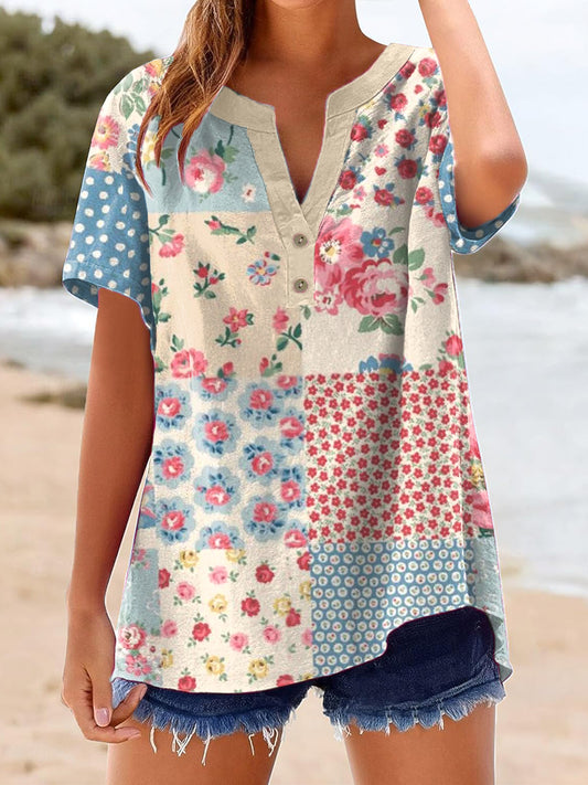 Women's Vintage Floral Patchwork Art Linen Shirt