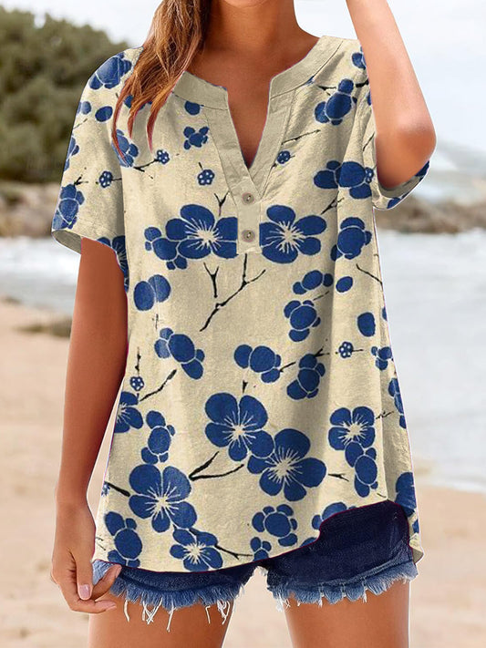 Women's Vintage Floral Print Linen Short Sleeve Shirt