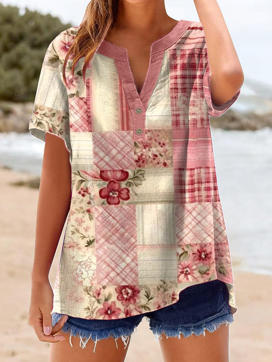 Women's Vintage Floral Patchwork Print Linen Shirt