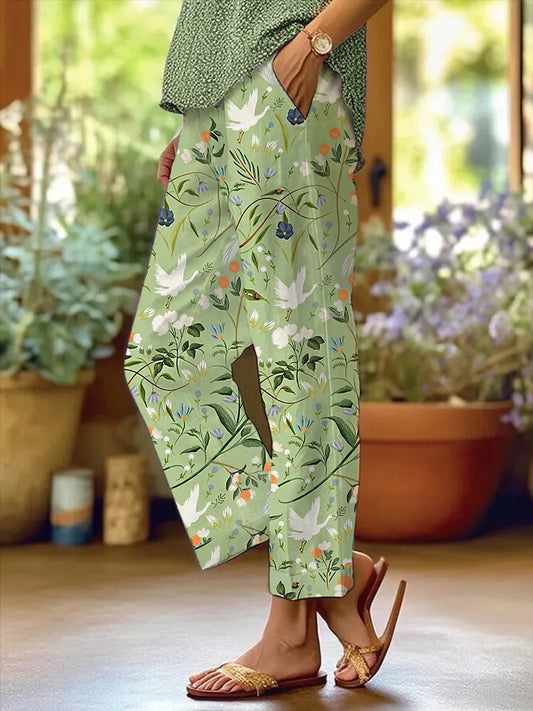 Women's Floral Cranes Print Casual Pants