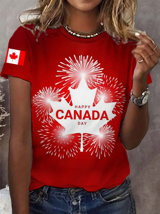 Women's Happy Canada Day Canadian Flag Maple Leaf Print Casual Tee