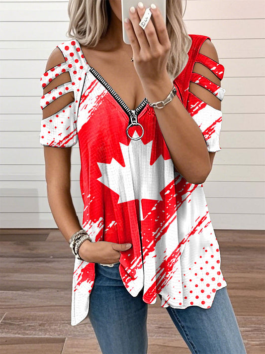 Women's Canada V-neck zip-up T-shirts