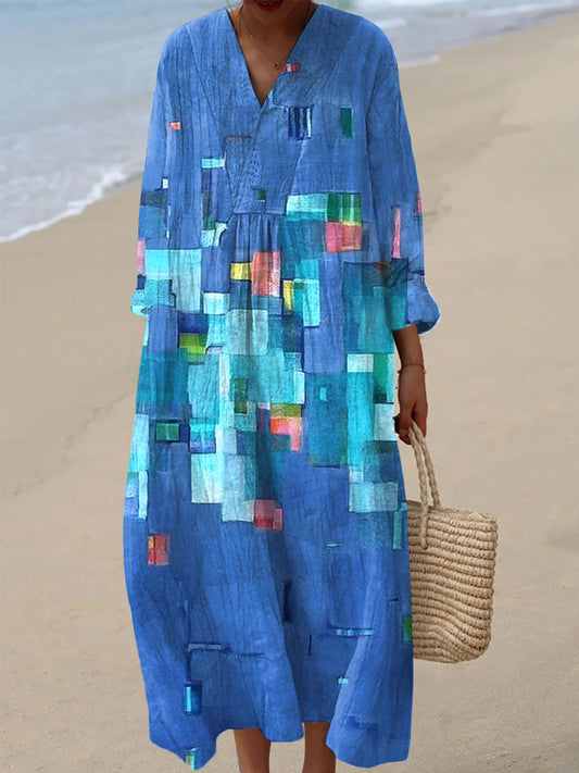 Women's Vintage Abstract Irregular Geometric Art Print Casual V-Neck Dresses