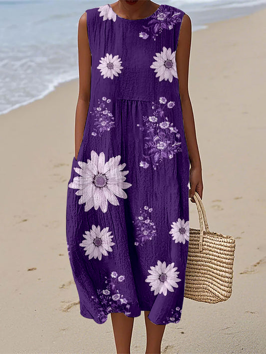 Women's Vintage Floral Print Linen Dress
