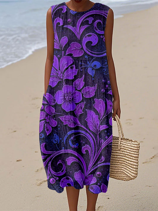 Women's Vintage Purple Floral Print Linen Dress
