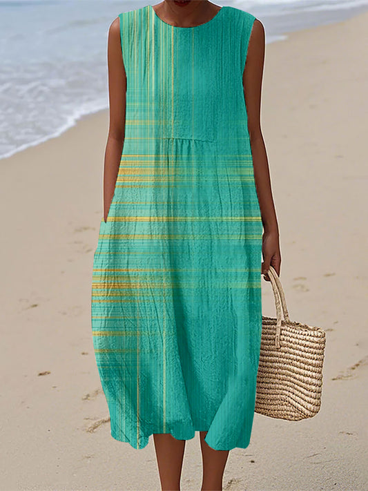 Women's Green Contrast Color Linen Dress