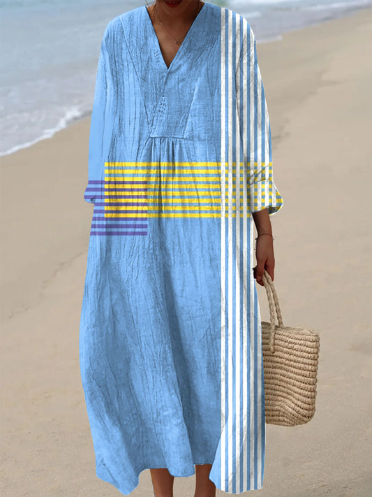 Women's Vintage Abstract Stripe Art Print Casual V-Neck Dresses