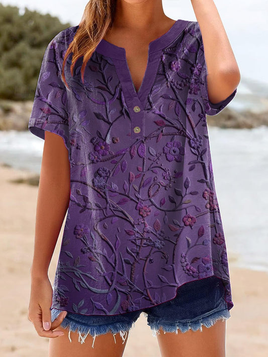 Women's Vintage Purple Floral Print Linen Shirt