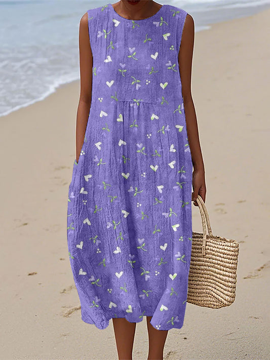 Women's Purple Heart Floral Print Linen Dress