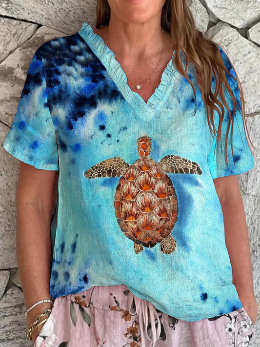 Women's Sea Turtle Print V-Neck Top