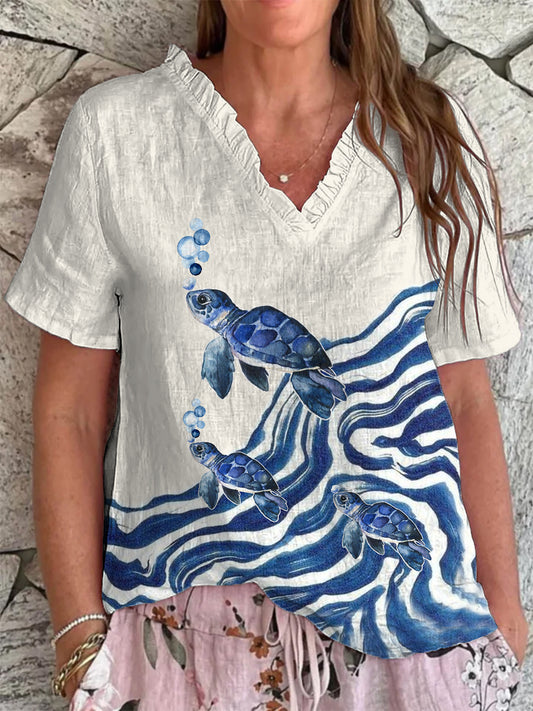 Women's Sea Turtle Print V-Neck Top