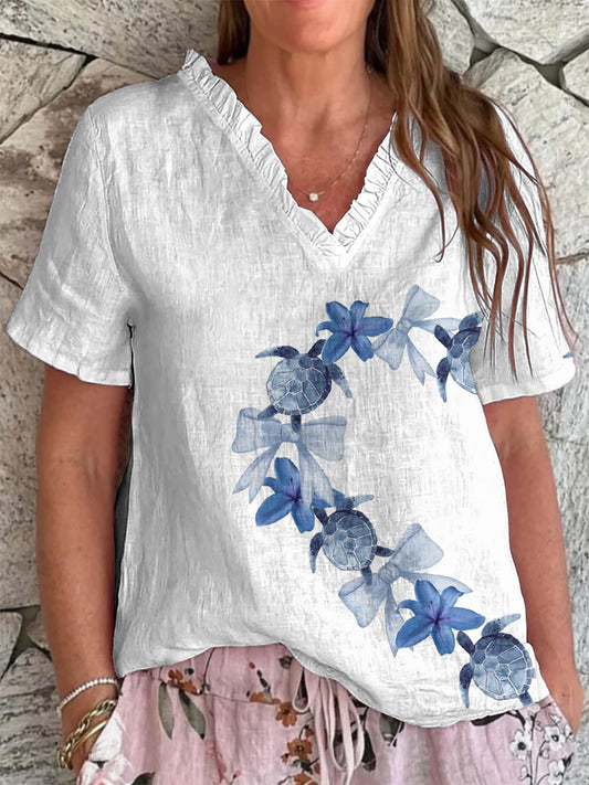 Women's Sea Turtle Print V-Neck Top