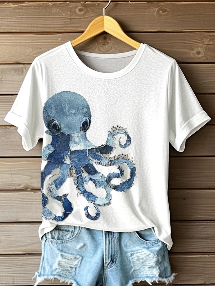 Women's Octopus Pattern Patchwork Art T-Shirt