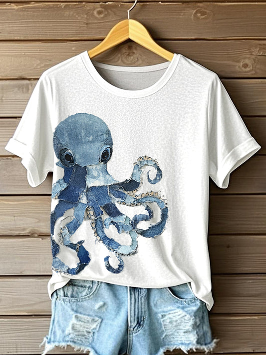 Women's Octopus Pattern Patchwork Art T-Shirt