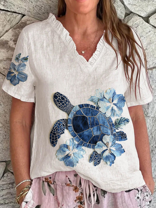 Women's Hawaiian Sea Turtle Hibiscus Flower Cotton and Linen T-Shirt