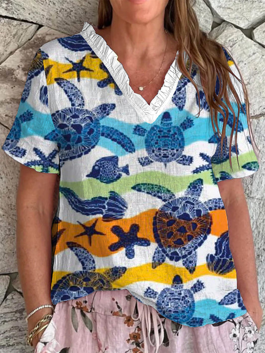 Women's Sea Turtle Print V-Neck Top