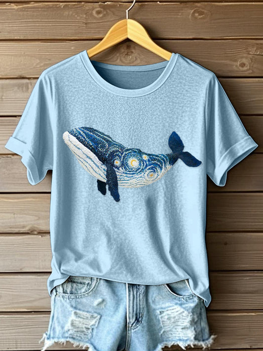 Women's Oil Painting Inspired Whale Pattern T-Shirt